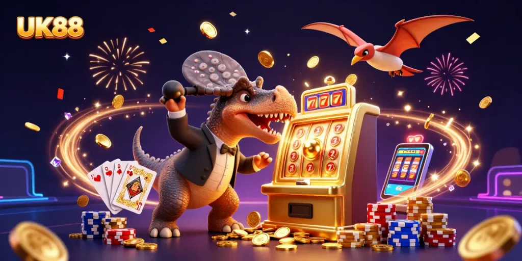 UK88 brings vibrant excitement as characters win big with coins flying in a lively casino