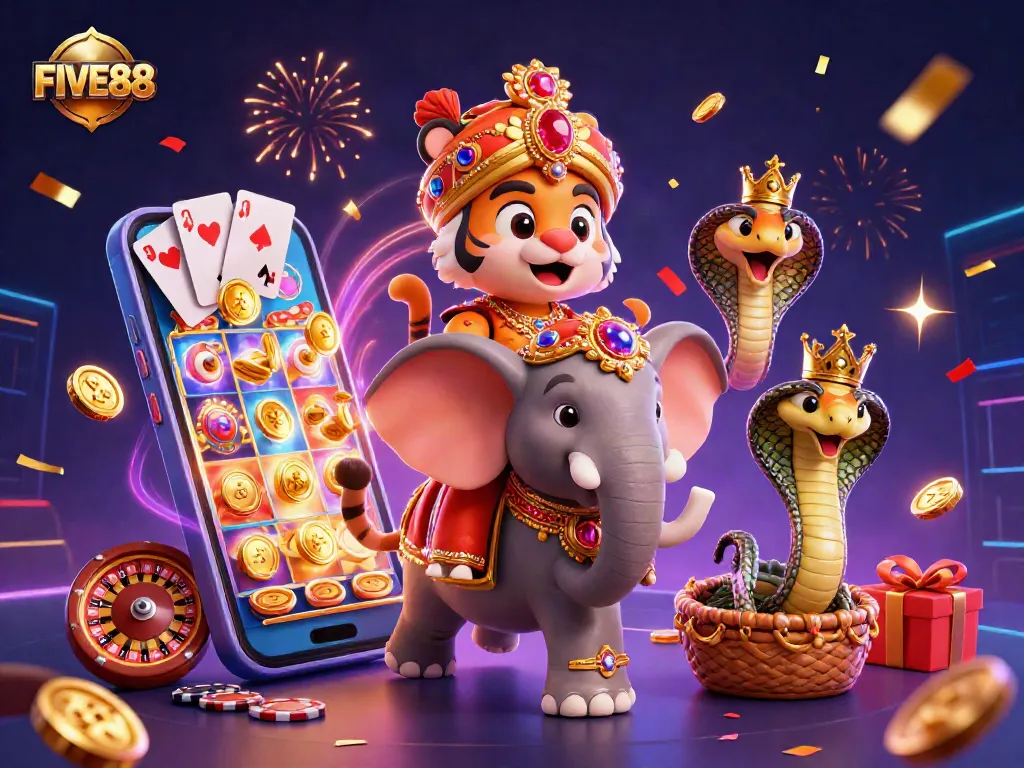 Engage with FIVE88's exciting casino scene featuring a maharaja tiger, elephant, and vibrant game elements.