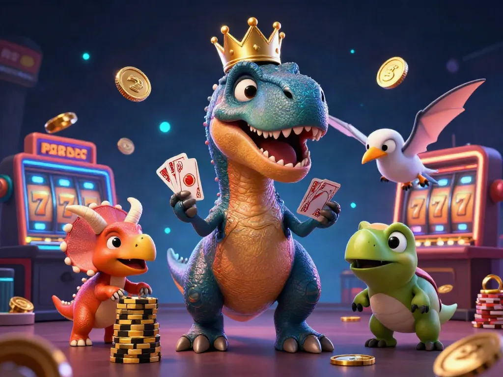 Experience the excitement of Lucky 88 in this vibrant 3D casino illustration featuring playful dinosaur characters.