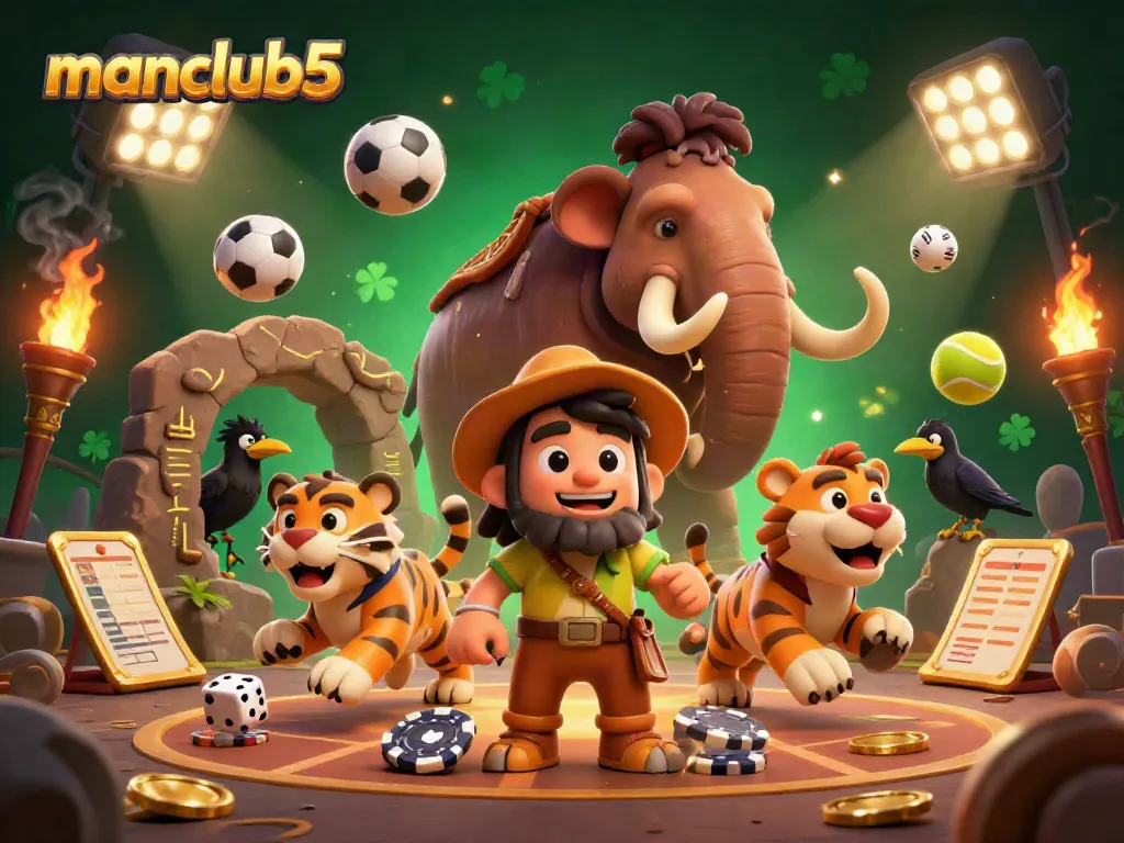 Experience manclub5's exciting caveman-themed casino with animated sports elements and vibrant colors.