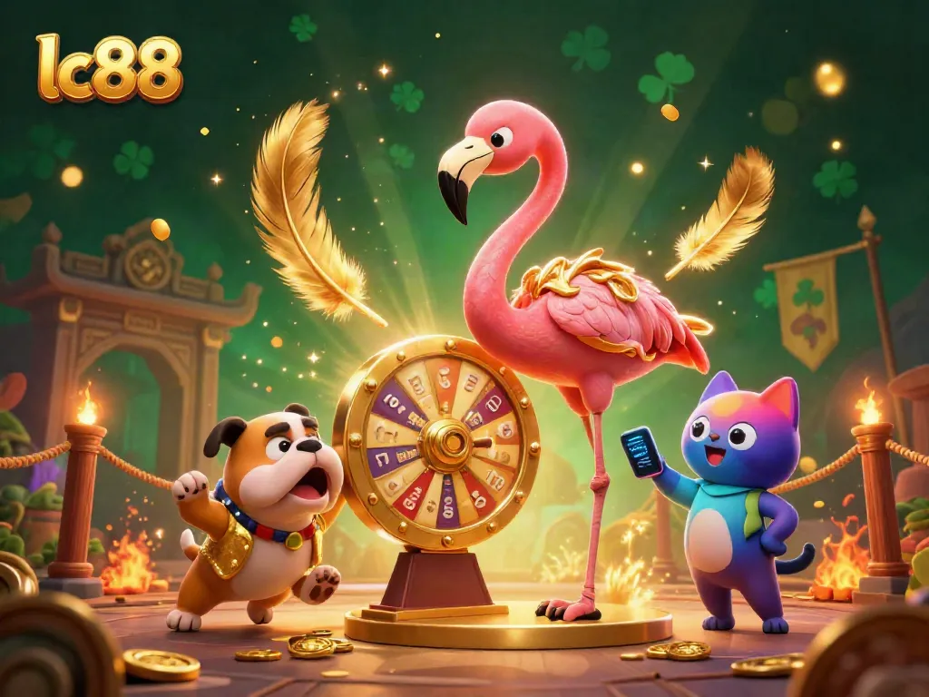 Win big with the lc88 prize wheel, featuring unique characters and vibrant casino elements.