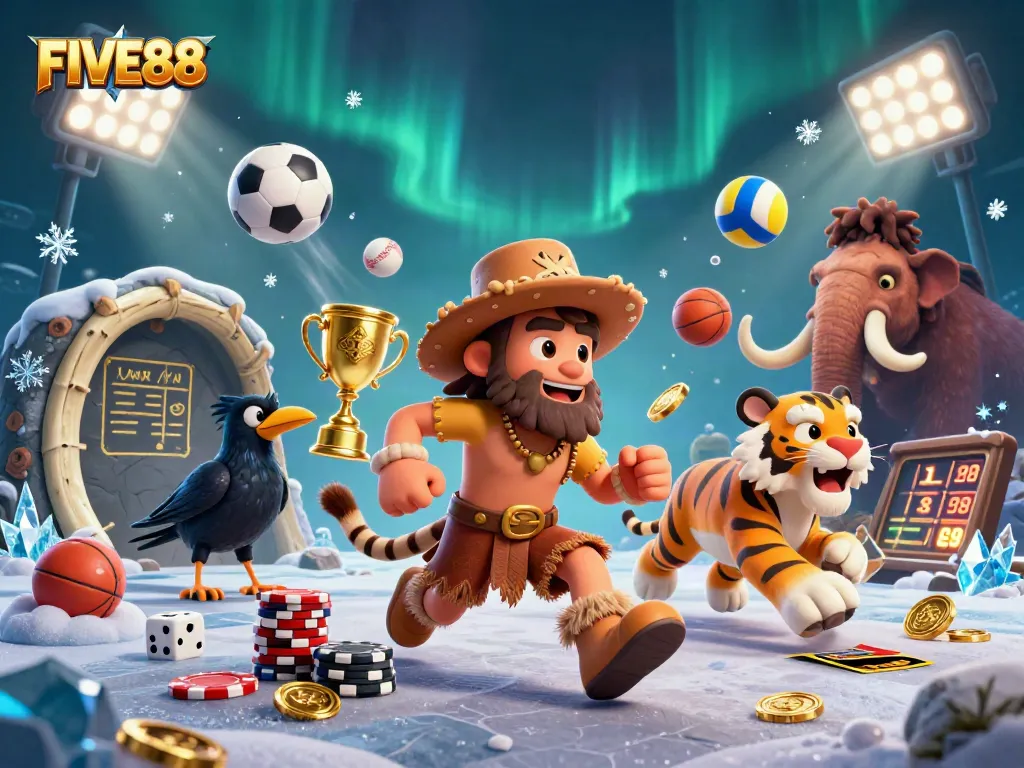Experience the exciting casino adventure with FIVE88, featuring a dynamic caveman and tiger duo in action.