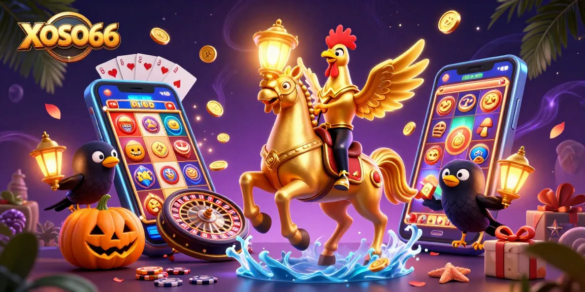 XOSO66 dynamic scene with a golden rooster riding through a casino, surrounded by vibrant game elements.