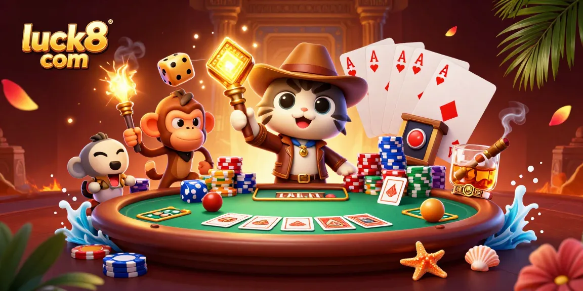 Join the adventure at luck8 com, as our archaeologist cat uncovers treasures amidst a vibrant casino landscape.