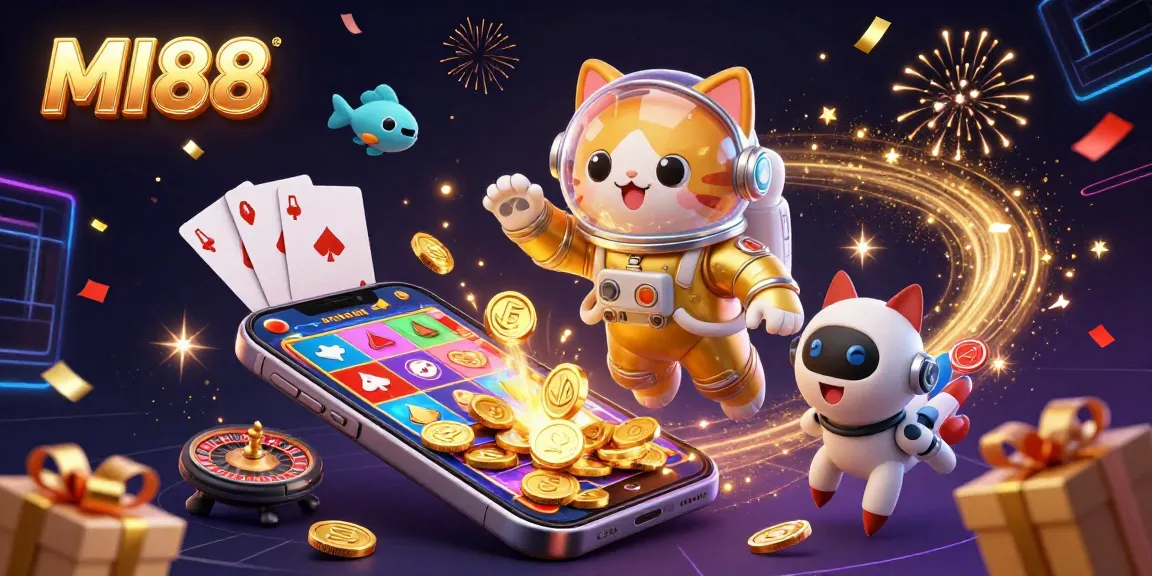 Experience thrilling games at MI88 with a vibrant, energetic 3D casino scene showcasing slot excitement.