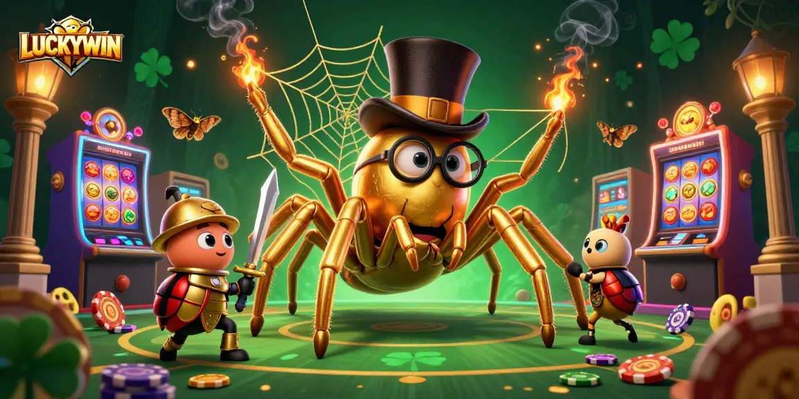 LUCKYWIN showcases interactive slots with a golden tarantula weaving a web, creating an enchanting gaming experience.