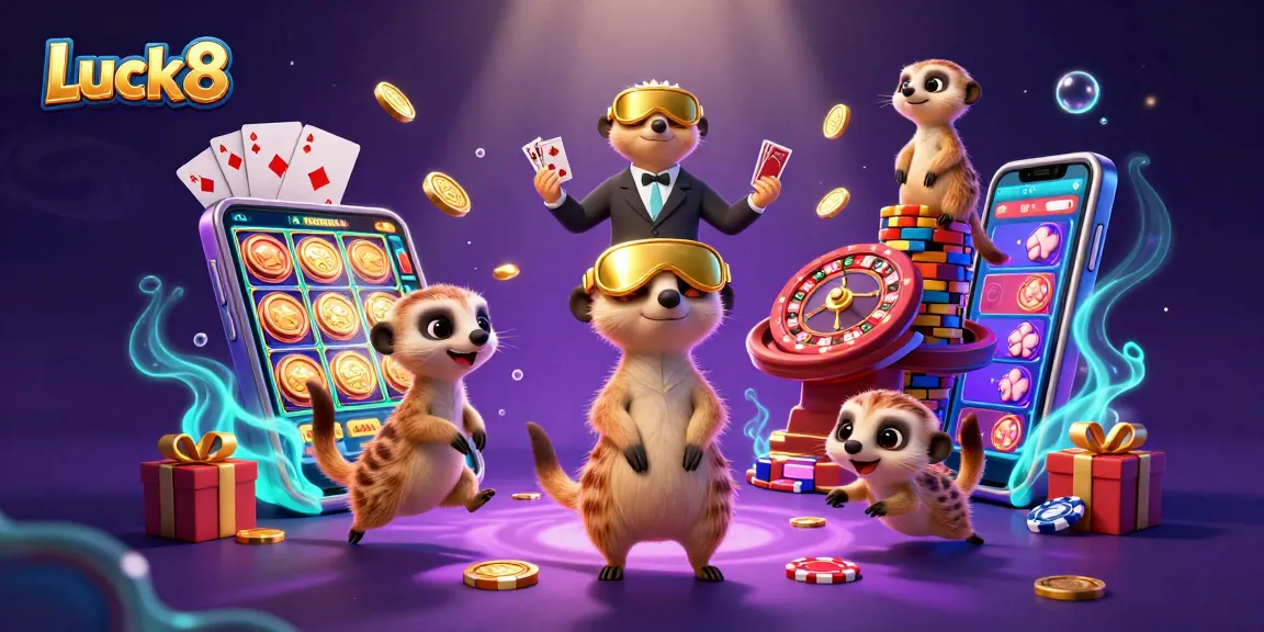 Luck8 meerkats run a vibrant casino, showcasing coins and games with a playful atmosphere.