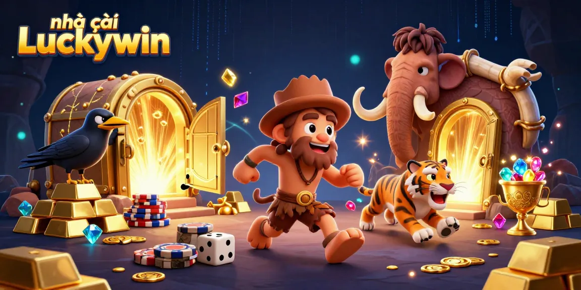 Experience the excitement at nhà cái Luckywin with immersive gaming elements in a vibrant 3D illustration.
