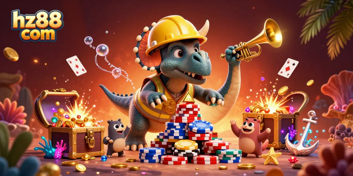 Experience winning at hz88 com with a triceratops building poker chips amidst treasure and gaming elements