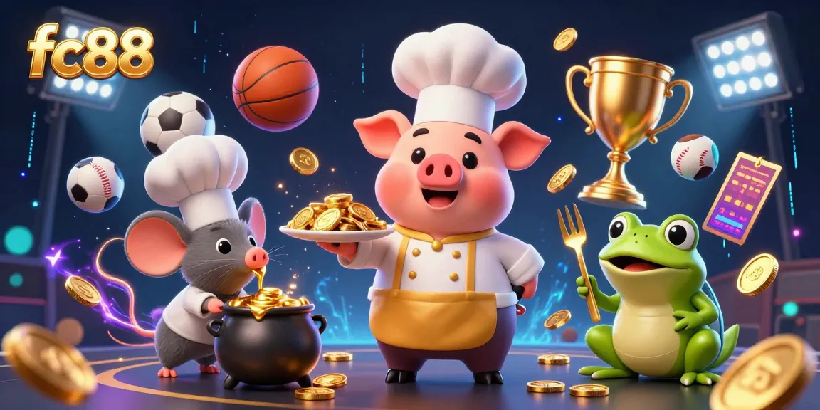 Winning experience at fc88 with lively characters serving gold coins and dynamic sports elements.