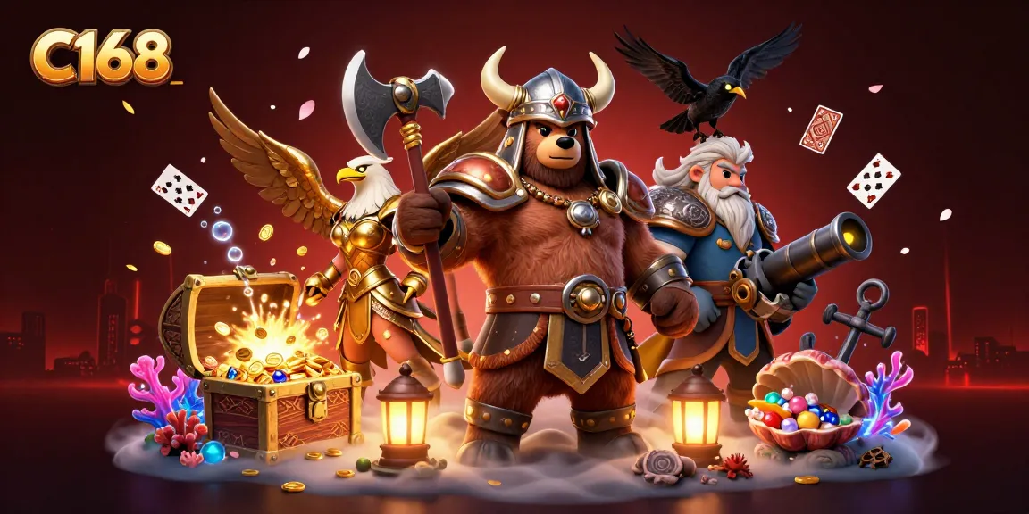 C168 offers exciting casino entertainment featuring a Viking bear, Valkyrie eagle, and glowing treasures.