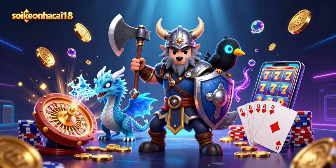 Experience thrilling gaming action with soikeonhacai18 featuring epic Viking warrior and casino elements.