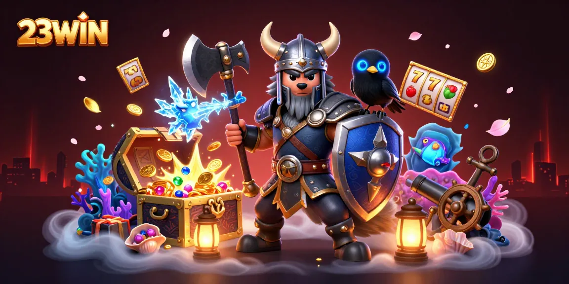 Engage in thrilling slots at 23WIN with a Viking wolf warrior and dragon amid treasure and excitement.