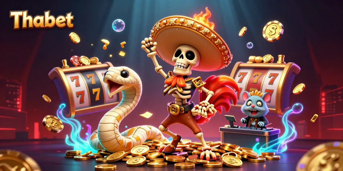 Thabet showcases an exciting celebration with a mariachi rooster, mummy snake, and DJ hamster amidst golden casino elements.