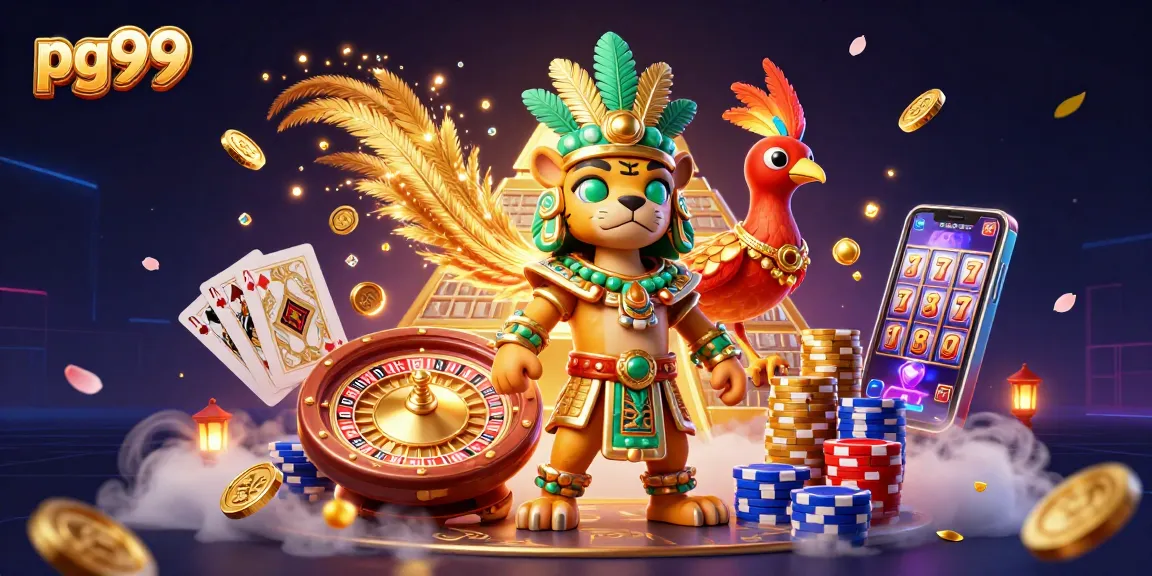 Engage in thrilling gaming at pg99 with vibrant scenes of winning, golden coins, and interactive game elements.