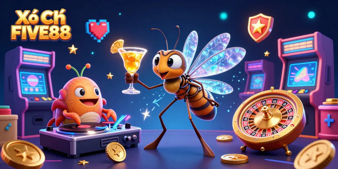 Xổ Số FIVE88 showcases a vibrant casino scene with animated characters celebrating gaming excitement.