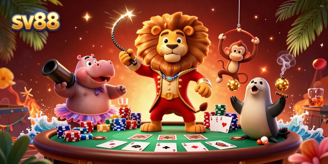 Engage in thrilling gameplay at sv88 with vibrant circus characters amidst poker chips and cards.