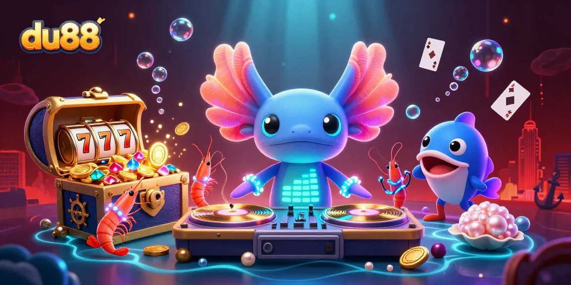 Experience exciting du88 casino action with a vibrant underwater scene featuring a DJ axolotl.