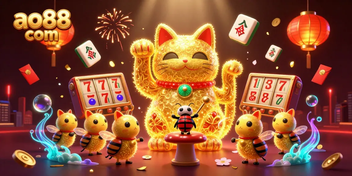 Engage with the vibrant world of ao88 com, featuring elegant symbols and golden illustrations of a lucky cat amidst a dynamic casino theme.