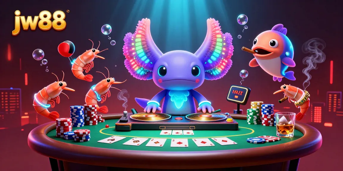 Engage with the jw88 online casino, featuring a vibrant 3D scene of a DJ axolotl surrounded by poker elements and dancing characters.