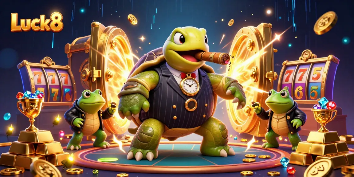Luck8 slot machine illustration with a cartoon turtle and bullfrogs, depicting vibrant casino scenes.