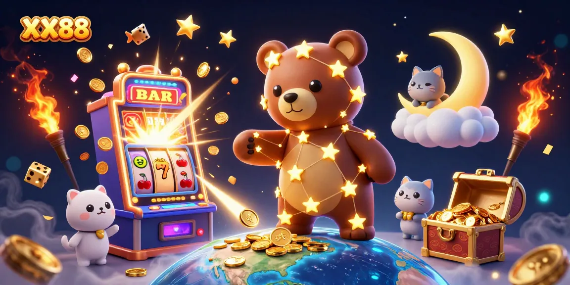 Experience the excitement of XX88 with golden coins and vibrant casino symbols bursting from a slot machine.