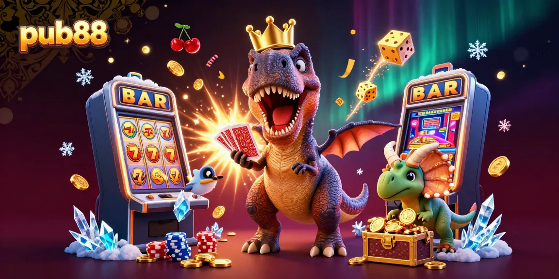 Experience excitement with pub88 as a T-Rex plays cards amidst a jackpot explosion sequence in dynamic illustration.