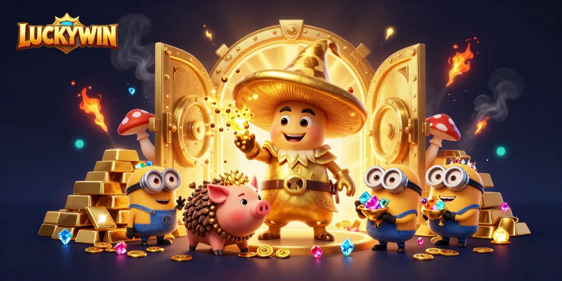 Experience the magic of LUCKYWIN: an exhilarating casino scene with golden treasures and playful characters.