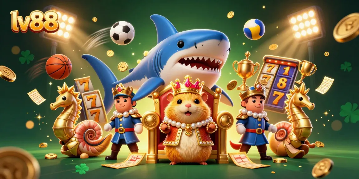 Engage in thrilling slots and jackpots at lv88 with a vibrant underwater scene showcasing a golden hamster king and dynamic casino elements.