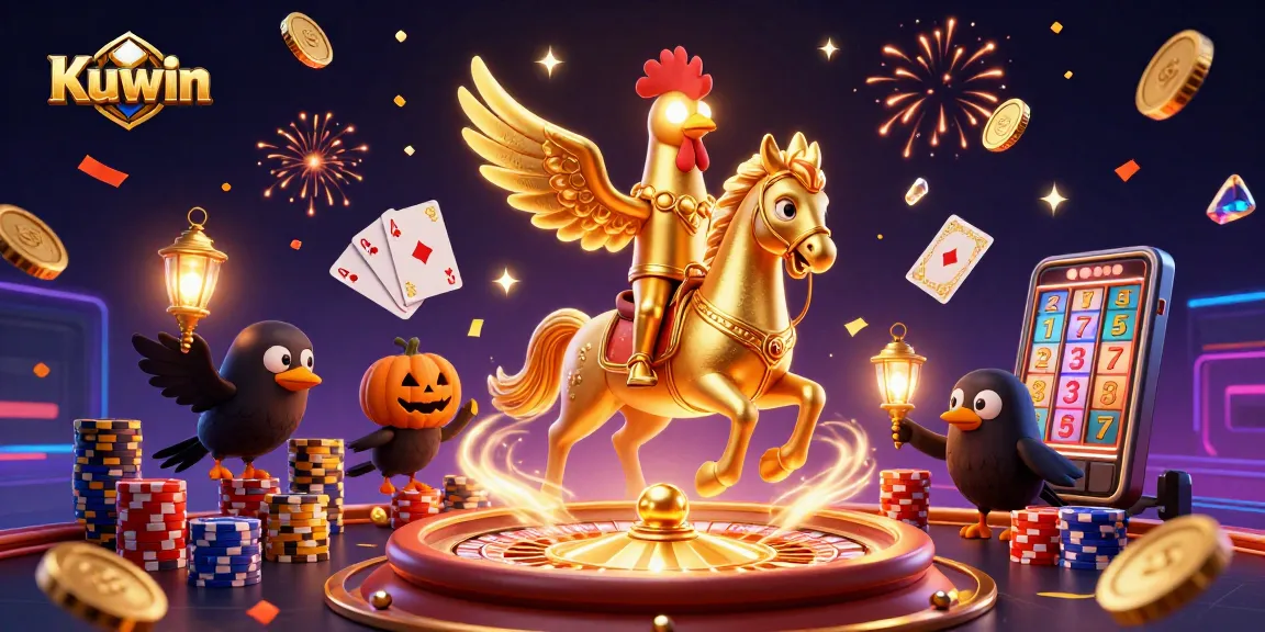 Kuwin invites players to experience vibrant casino energy with golden rooster and gaming excitement.