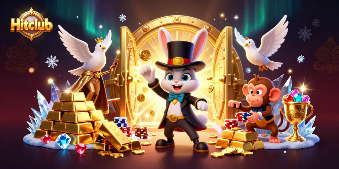Hitclub players win big as a magician rabbit conjures coins and treasures in a vibrant casino scene.