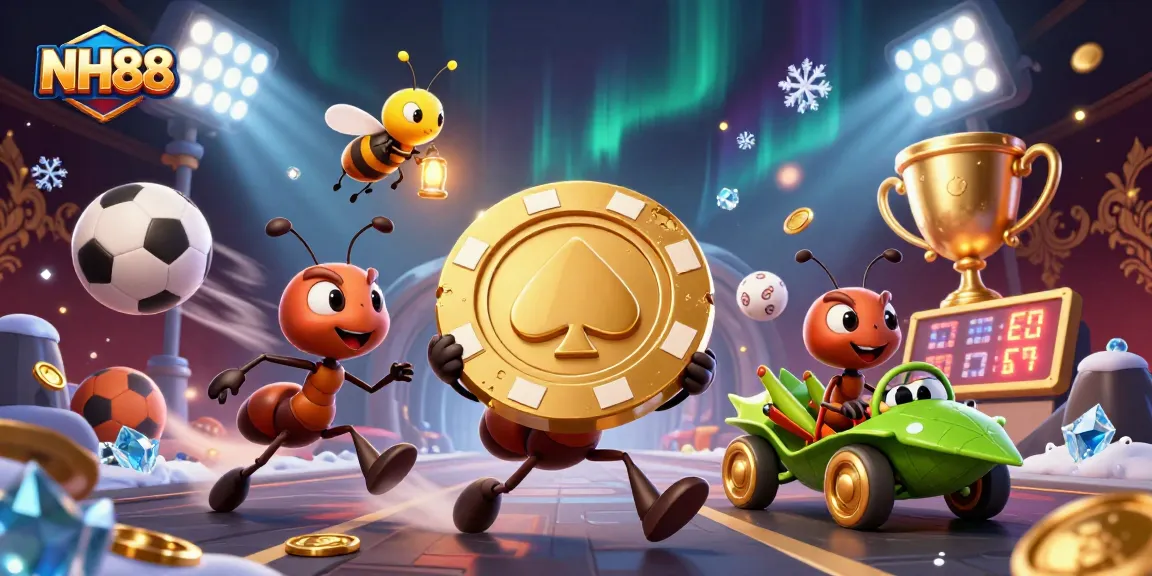 Experience NH88's thrilling casino journey with ants heisting a massive golden poker chip!