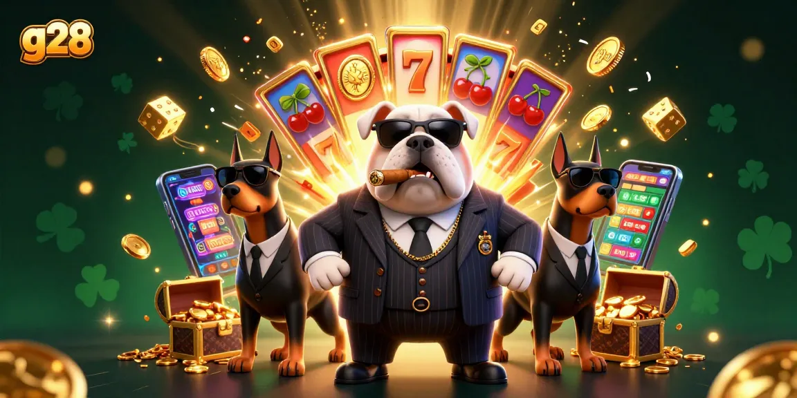 g28 showcases a vibrant casino scene featuring a mafia bulldog and two Doberman guards amidst dynamic gaming elements.