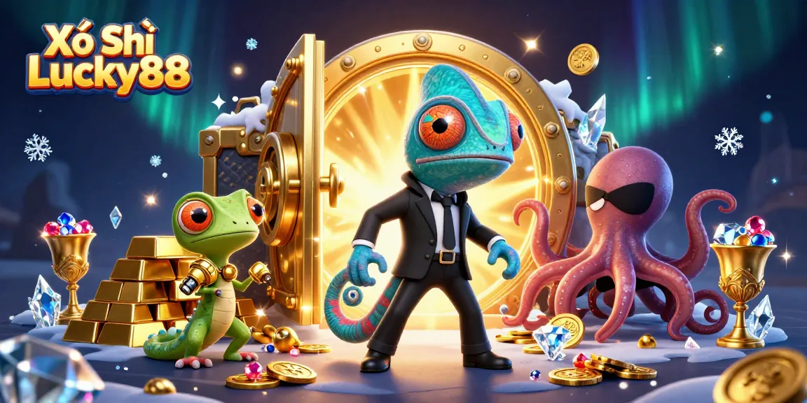 Xổ Số Lucky88 agents strategize in a vibrant casino scene amidst treasures and gems.
