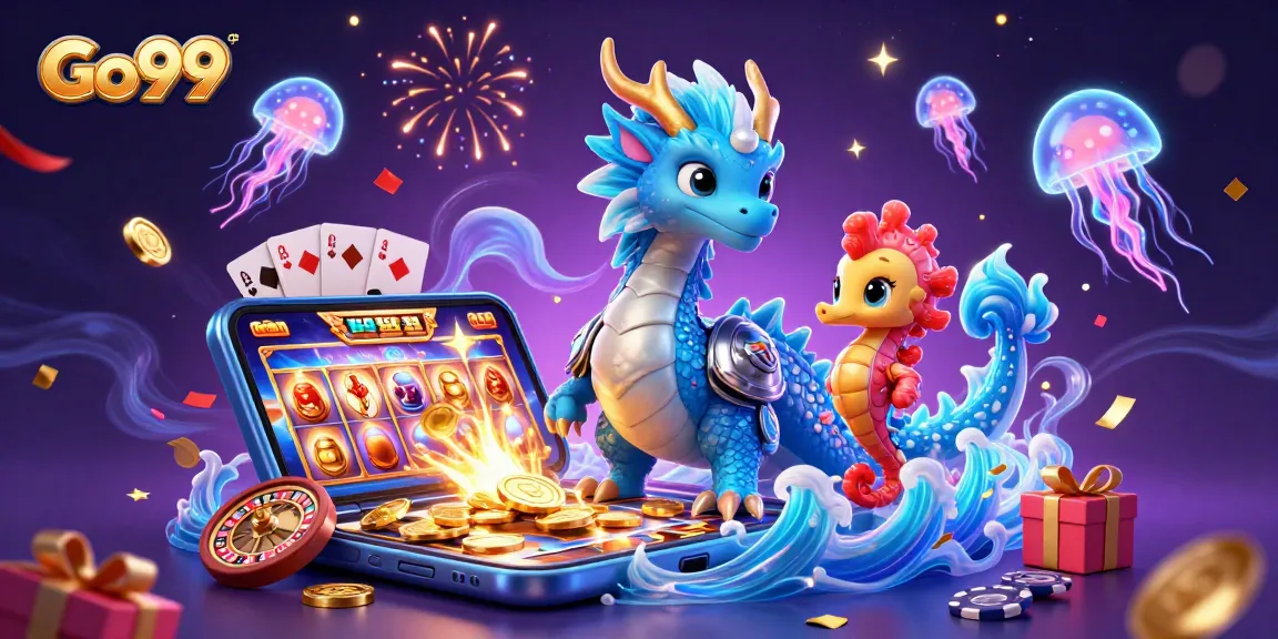Engage with Go99's captivating 3D casino illustration showcasing thrilling slot gaming elements and vibrant characters.
