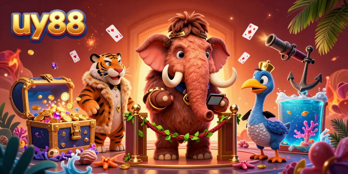 Engage with uy88 as a lively woolly mammoth bouncer checks IDs at a casino entrance amid vibrant game elements.