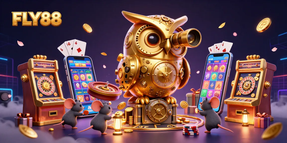 Engage with FLY88 gaming excitement, featuring a whimsical scene with animated characters in a vibrant casino