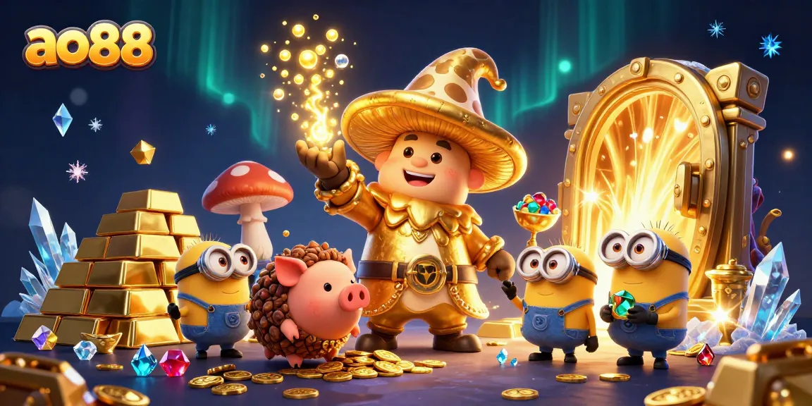 Experience magic at ao88 with golden treasures and vibrant characters in a dynamic casino scene.