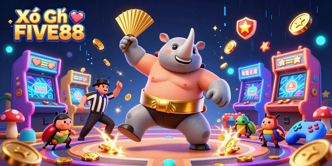 Xổ Số FIVE88 roars to life with a sumo beetle champion amidst gaming excitement.