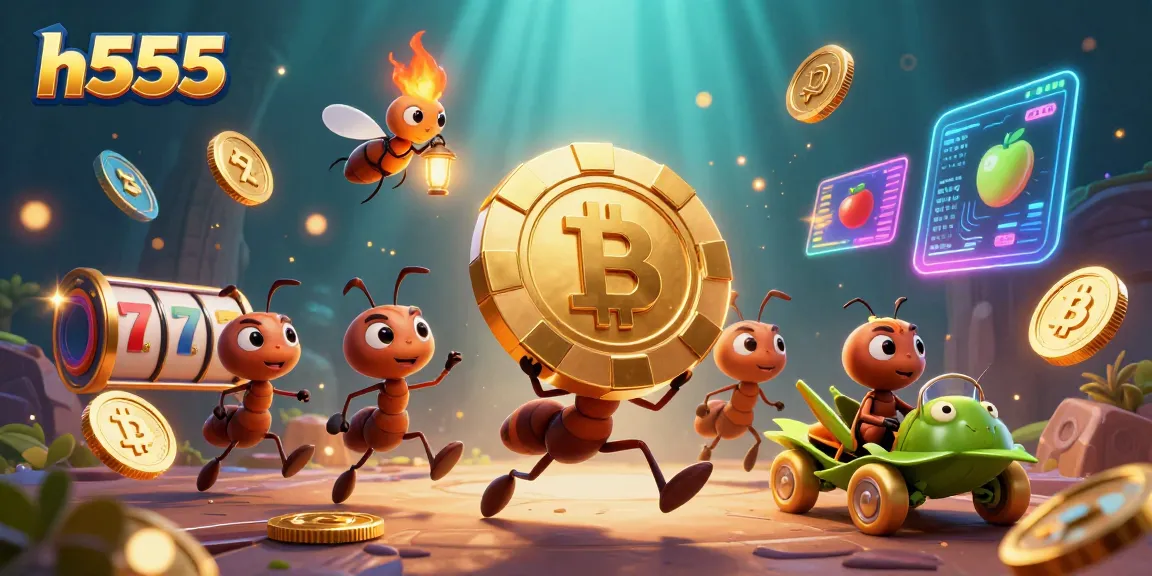 h555 ants heist golden poker chip in a dynamic casino scene with neon coins and vibrant game elements