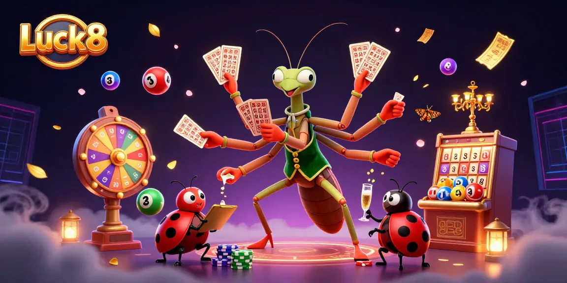 Engage with the vibrant world of Luck8 as a giant praying mantis deals cards amid a dynamic casino scene.
