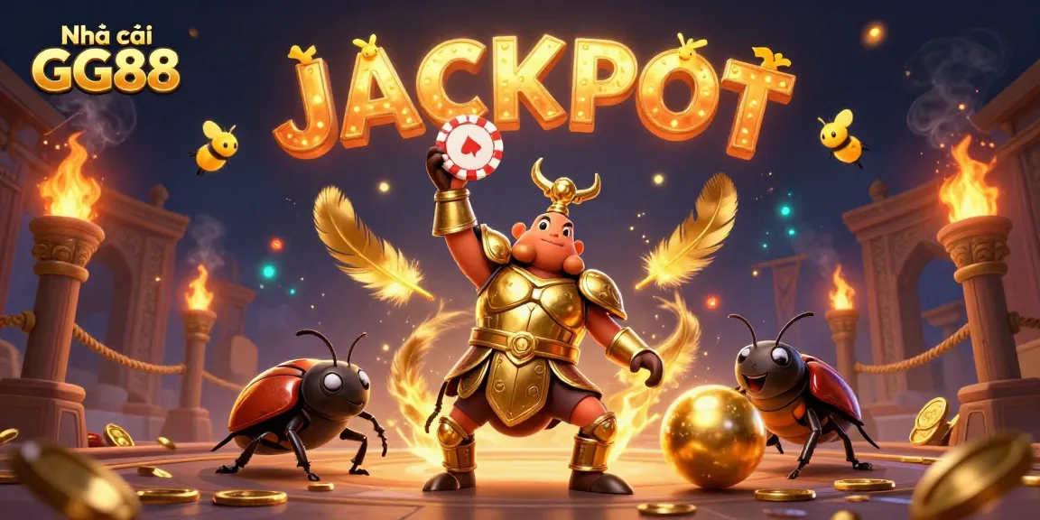 Experience the thrilling fun at Nhà cái GG88 with a victorious beetle lifting a poker chip in this vibrant casino scene.