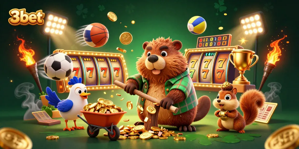 Engage with 3bet's thrilling action in a lively casino scene featuring a beaver and friends collecting coins.