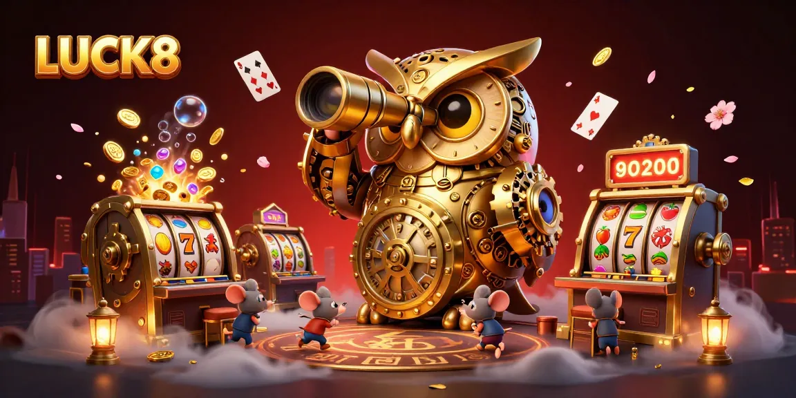 Experience the thrill of LUCK8 in this 3D casino illustration showcasing dynamic slot machines and rich gold coins.
