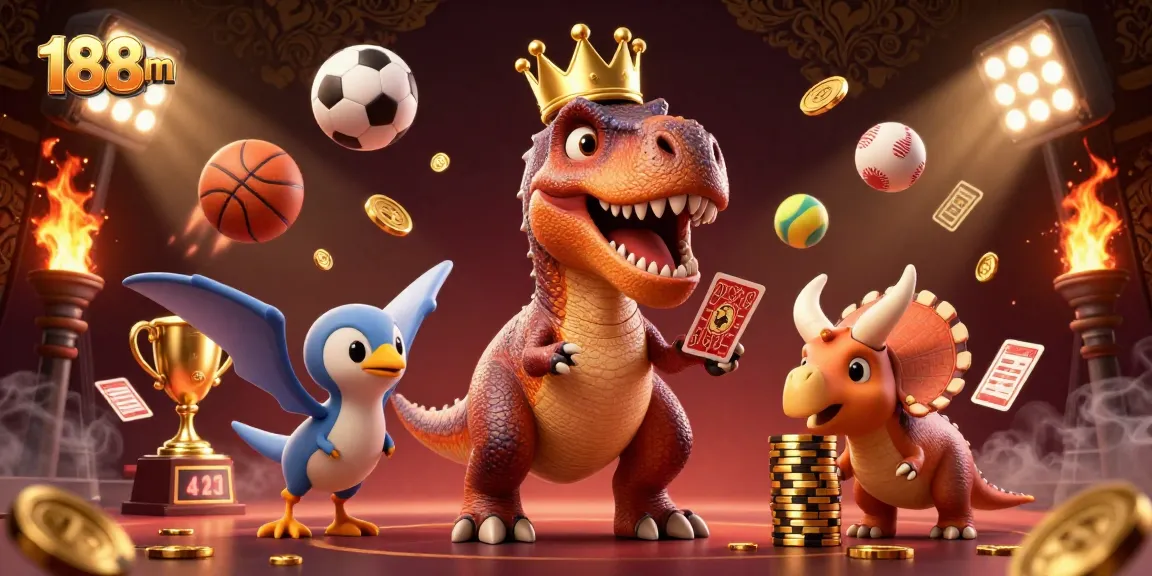 Experience the thrill of 188m with a T-Rex, pterodactyl, and baby triceratops in a vibrant casino setting.