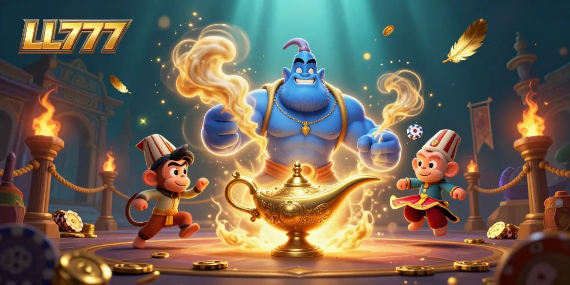 LL777 transforms gaming reality with a vivid 3D genie scene in an enchanted casino.