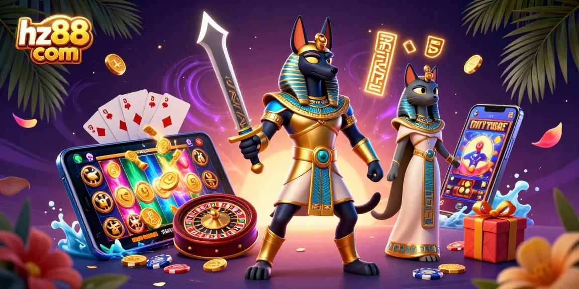 Play exciting casino games with hz88 com featuring Anubis and Bastet in a vibrant 3D scene.