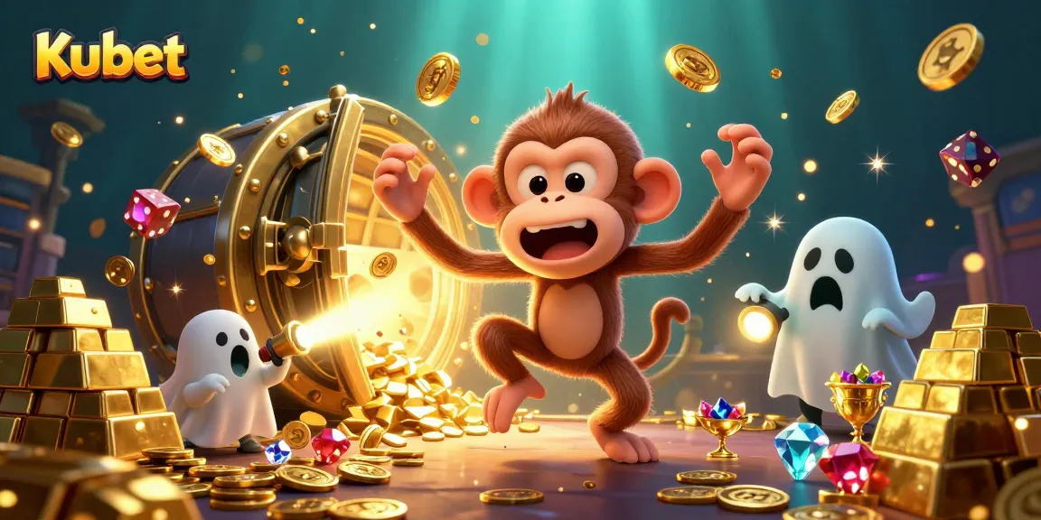 Kubet showcases a playful ghost-hunter puppy tracking a mischievous monkey juggling gold in a vibrant casino.