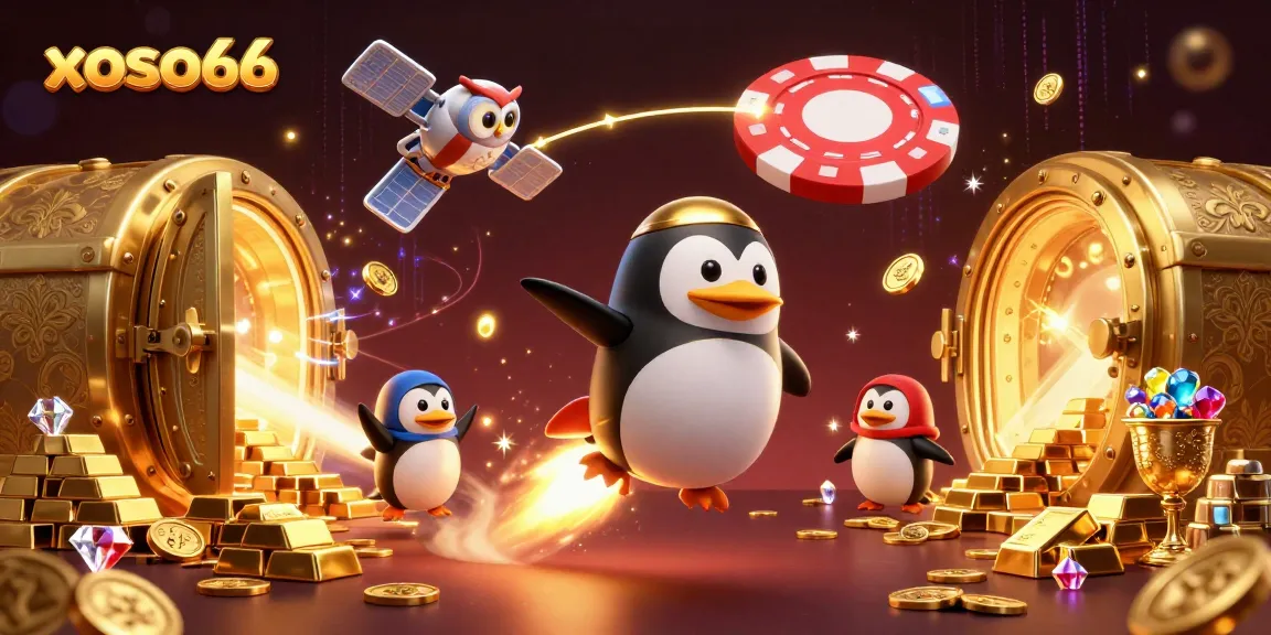 Xoso66 invites players aboard a golden penguin's rocket to explore cosmic treasures.