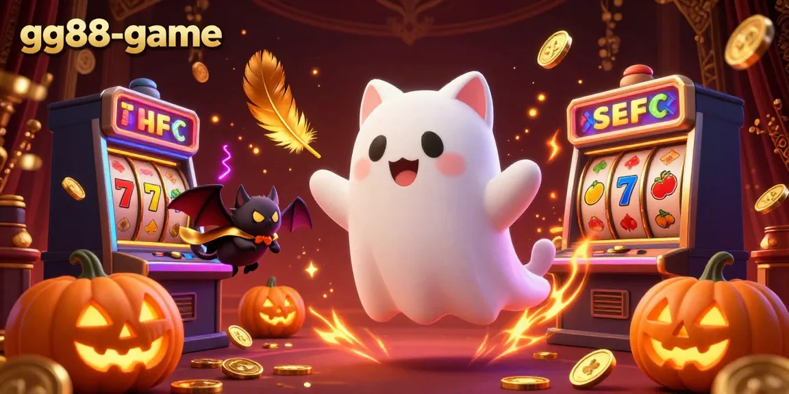 Engage with the lively scene of gg88-game featuring a ghost cat and a vampire bat in a vibrant casino atmosphere.